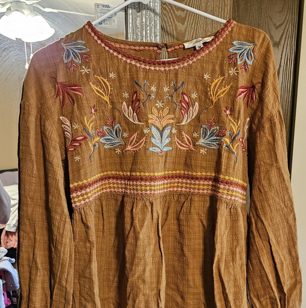 Source Unknown Embroidered Tunic - Rust Brown with Multicolor Accents